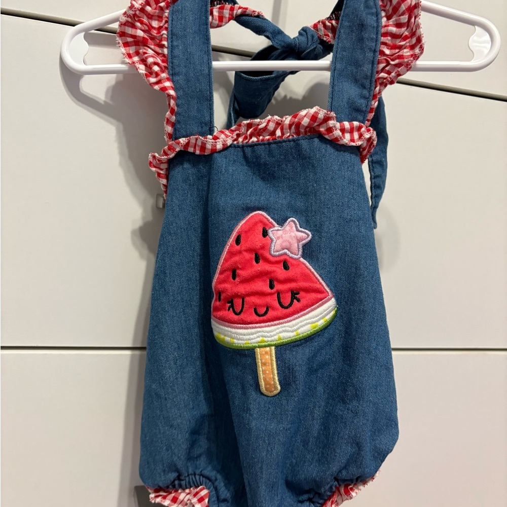 Playful Blue and Red Romper with Watermelon Appliqué